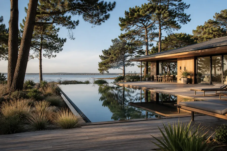 Une villa et sa piscine miroir à Andernos, bassin d'Arcachon