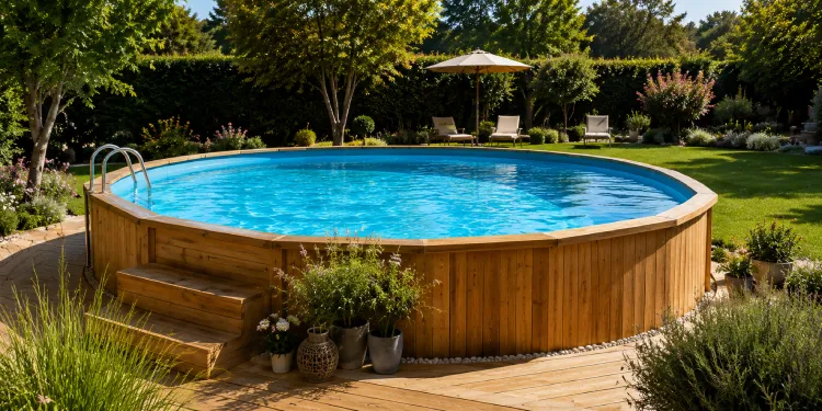 Piscine hors sol en bois entourée d'une terrasse bois