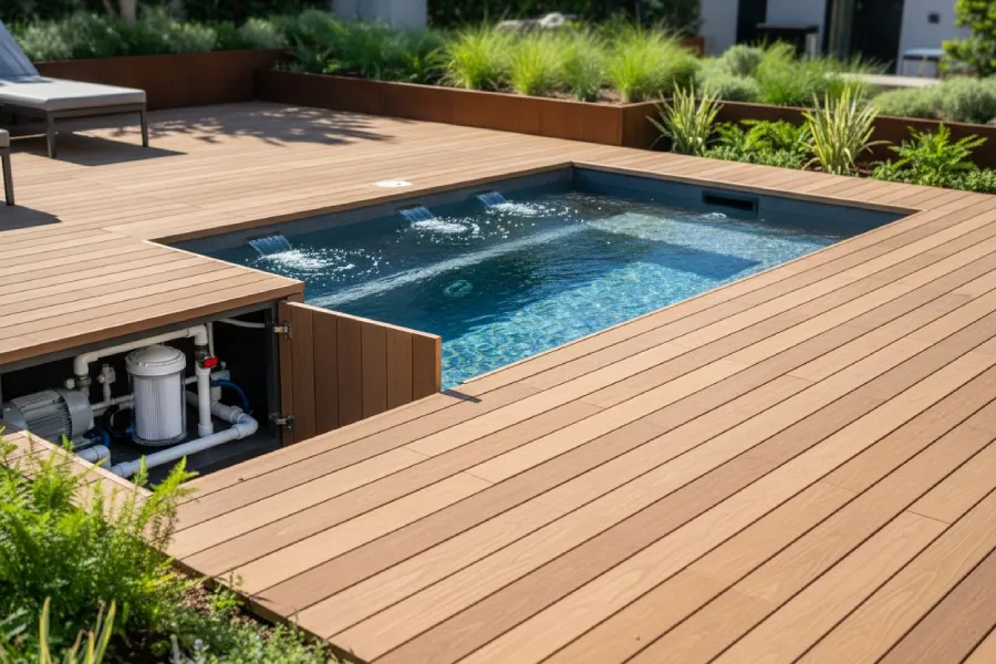 Système de filtration d’un spa encastré dans une terrasse en bois