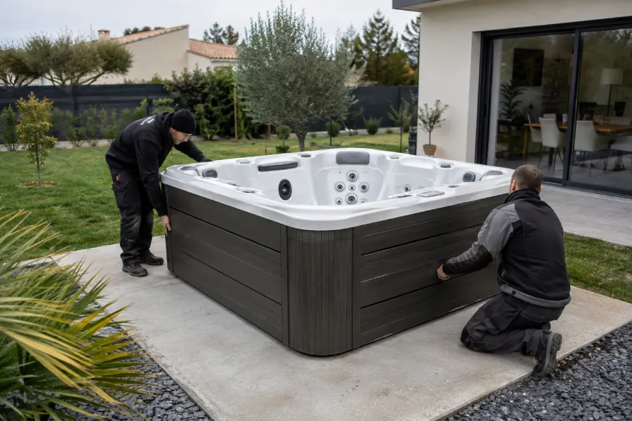 Détail d'un spa 6 places installé sur une dalle béton